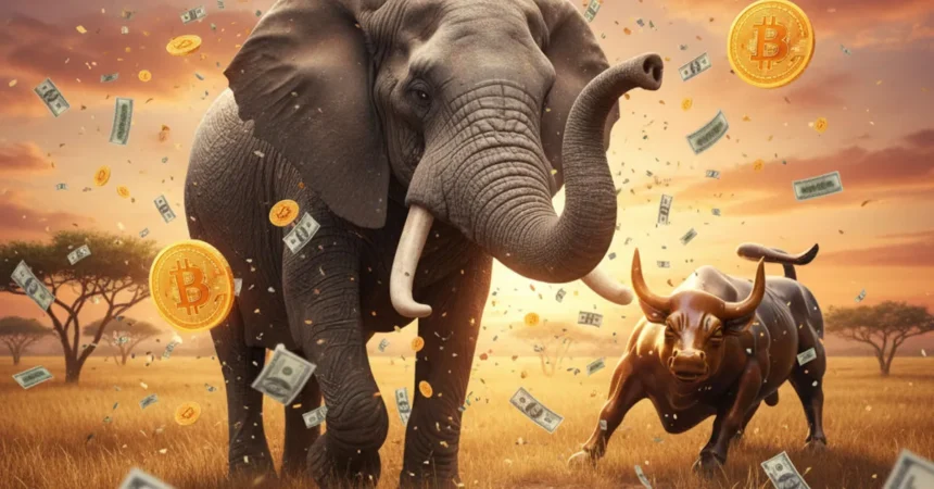 Bitcoin price elephant gun from Buffett with Wall Street bull on Strive Semler news.webp