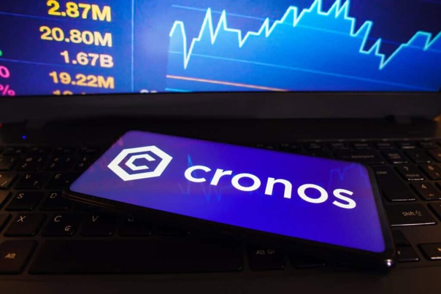 Cronos CRO logo is displayed on a smartphone screen 1024x683