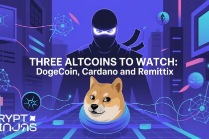 In the center the title Three Altcoins To Watch…