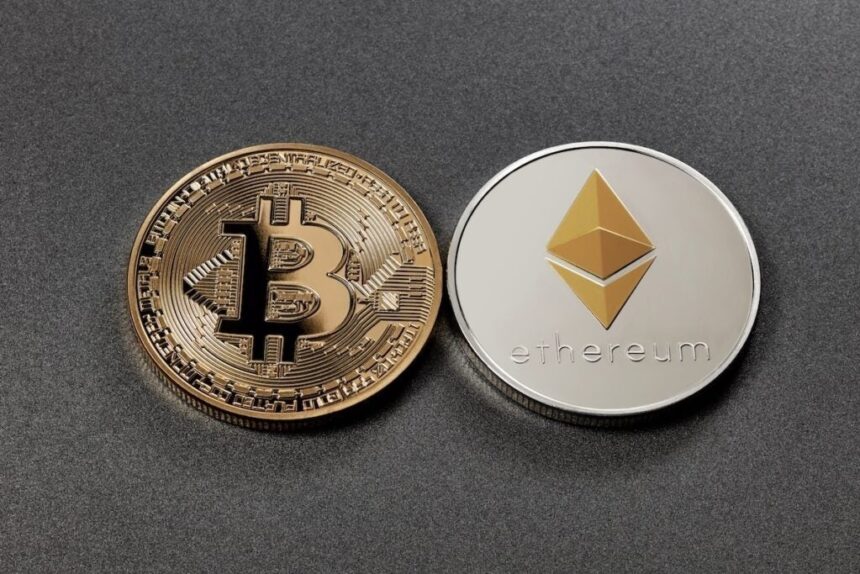 Two Coins Bitcoin And Ethereum On A Dark