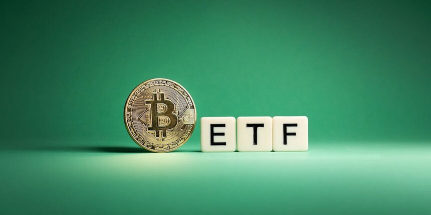 bitcoin coin beside letter blocks spelling etf on a green background