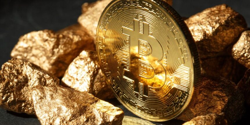 Bitcoin Could Join Gold as Reserve Asset on Central Bank Balance Sheets by 2030, Deutsche Bank Says 1 bitcoin coin with gold nuggets on a dark background