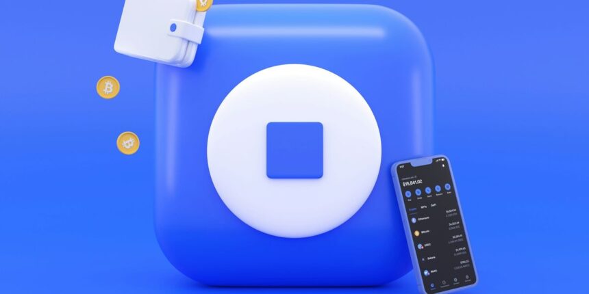 blue digital wallet icon bitcoin coins and smartphone app on a blue background