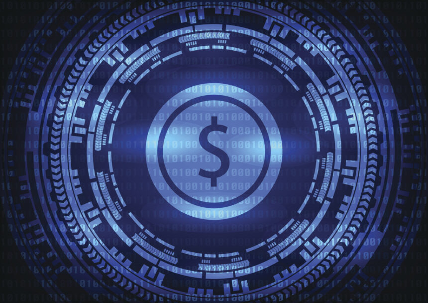digital dollar sign surrounded by binary code cryptocurrency digital virtual currency bitcoin blockc