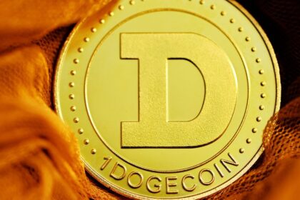 gold dogecoin coin with d symbol on an orange fabric background
