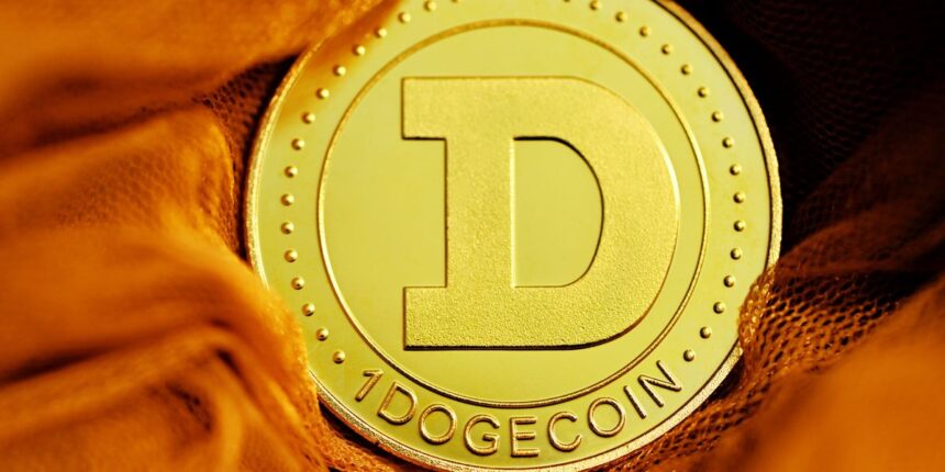 gold dogecoin coin with d symbol on an orange fabric background