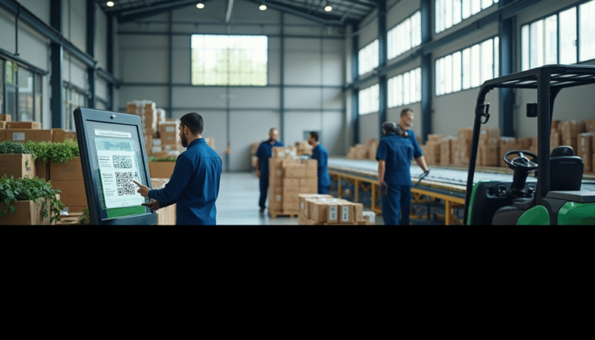people working green energy warehouse