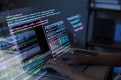 python data programming background with person working with codes computer