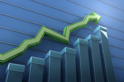 rising green arrow above bar chart risin