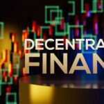 text saying decentralized finance with colorful digital chart backdrop