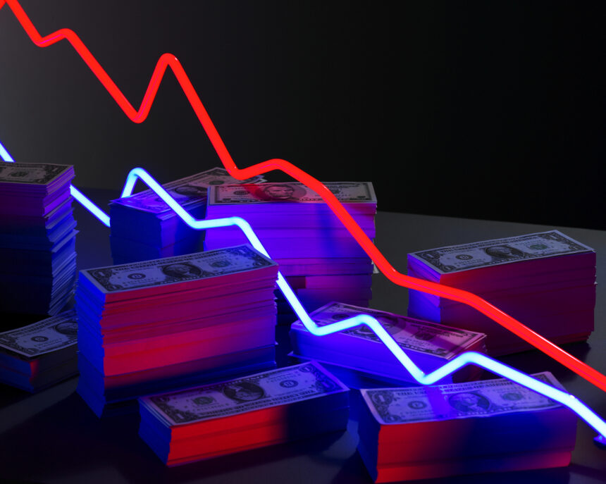 red and blue neon lights over piles of money