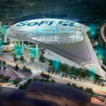 sofi stadium aerial view with sofi logo on top