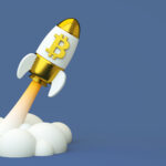 toy spaceship with bitcoin logo launching