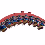 170502669 amusement park with steel rail roller coaster with car full of screaming people upside dow