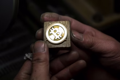 910099828 tokyo japan a worker polishes a brass bitcoin medal produced by sakamoto metal at a worksh