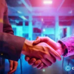 crypto news two people shaking hands deal office background neon colors03.webp