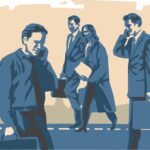 AA041100 businessmen using mobile phones outdoors business couple walking